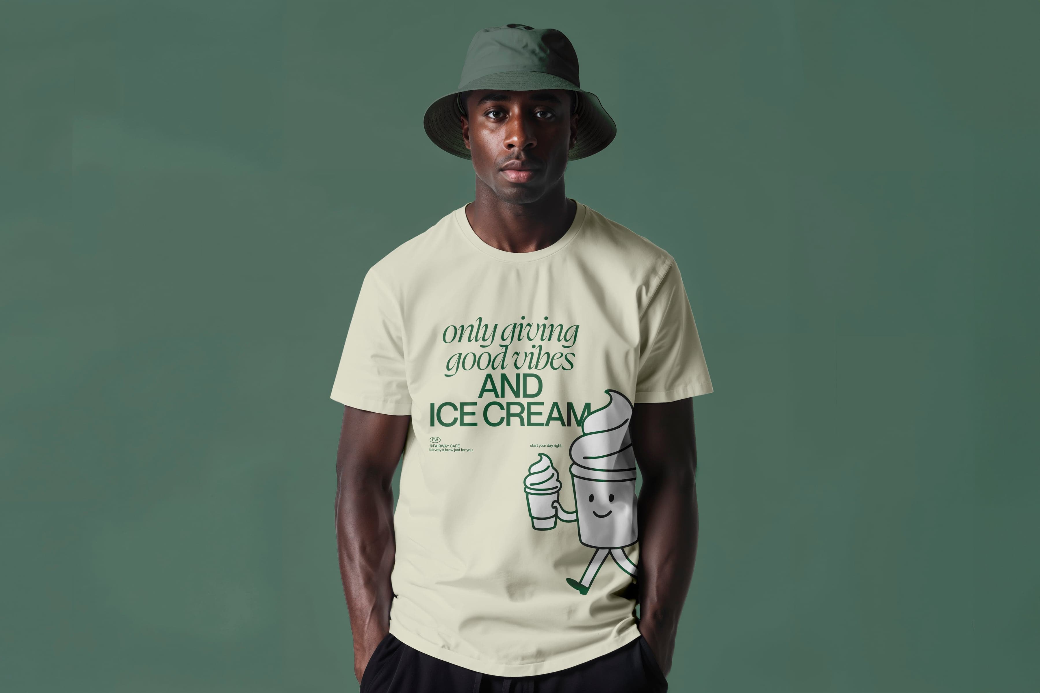 Campaign artwork by Creat.ing for Fairway: a model in a Fairway café T-shirt against the brand's green