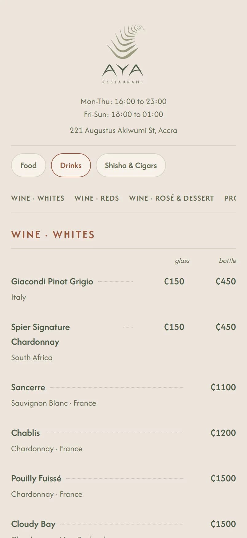 AYA's drinks menu on a phone, with the white wines priced by the glass and by the bottle