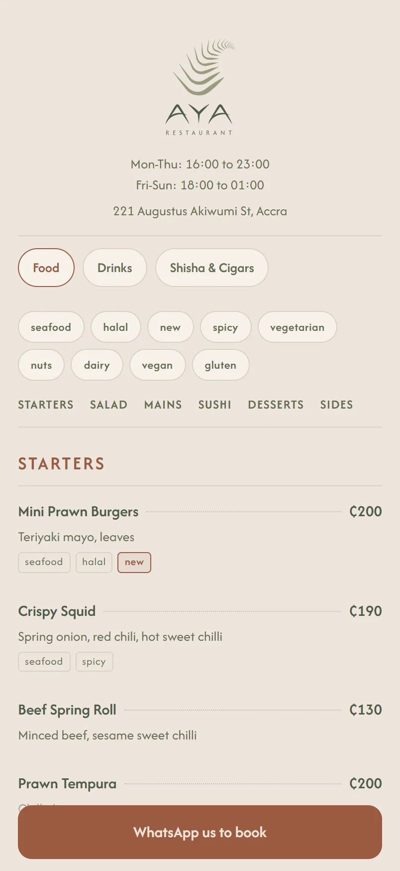 AYA's food menu on a phone: logo, opening hours, tabs for food, drinks and shisha, and the starters with prices