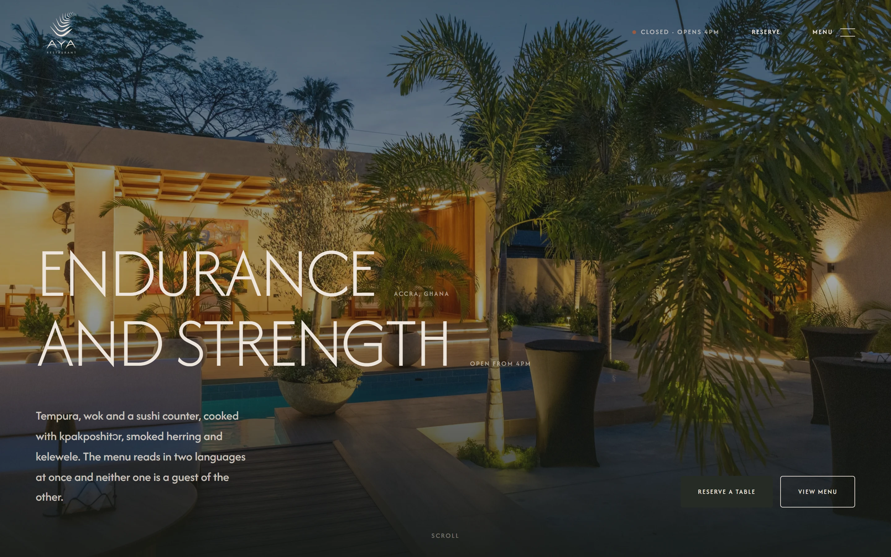 The AYA Restaurant website, its opening screen
