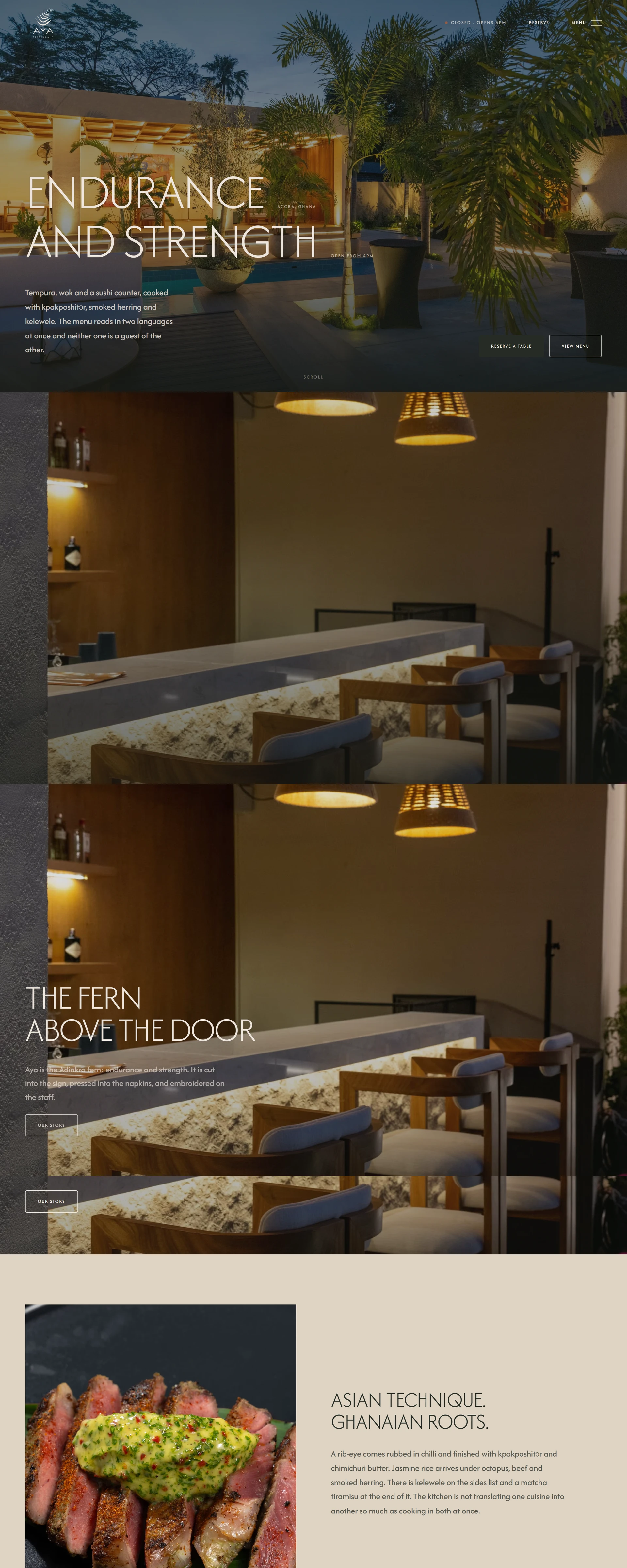 The AYA Restaurant website, top to bottom