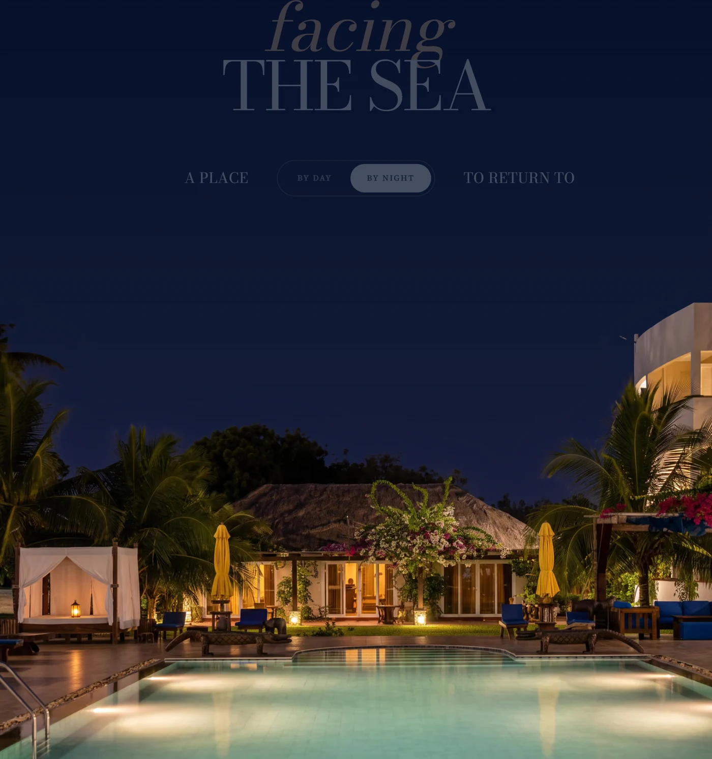 The C Resort website, the pool and the cabanas, by night