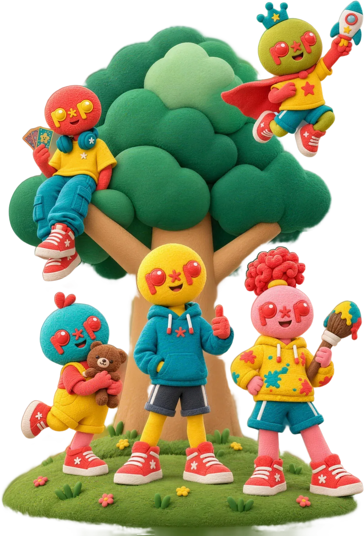 Pop and the whole Play Pop family in the clay tree: the little one with a teddy, the dress-up friend, Pop, the arts and crafts girl and the teenager
