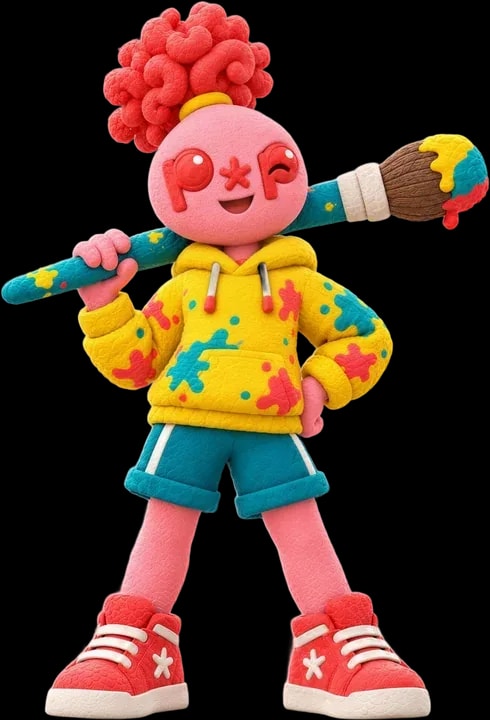 The arts and crafts character, in pink, holding a paintbrush