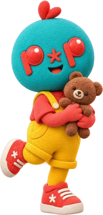 The youngest of the Play Pop characters, in teal, holding a teddy
