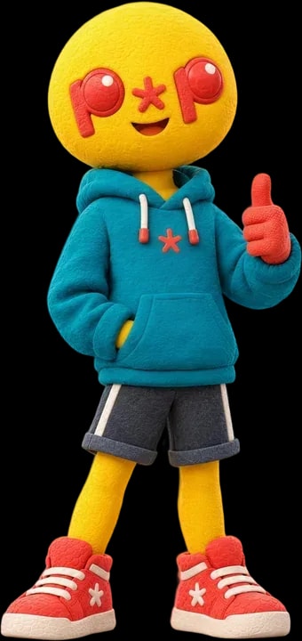 Pop, the Play Pop character: a yellow head with the logo as his face, a teal hoodie and coral sneakers