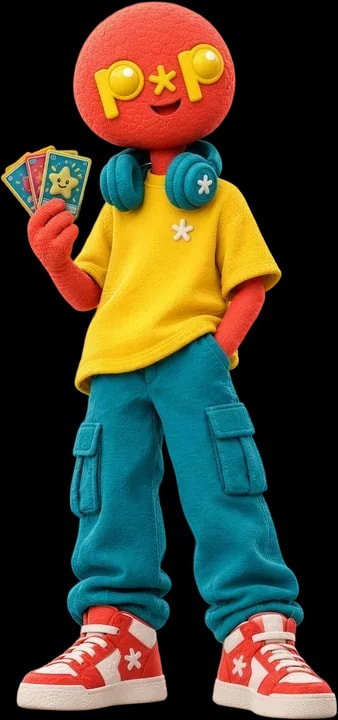 The teenage character, in coral, with headphones and trading cards