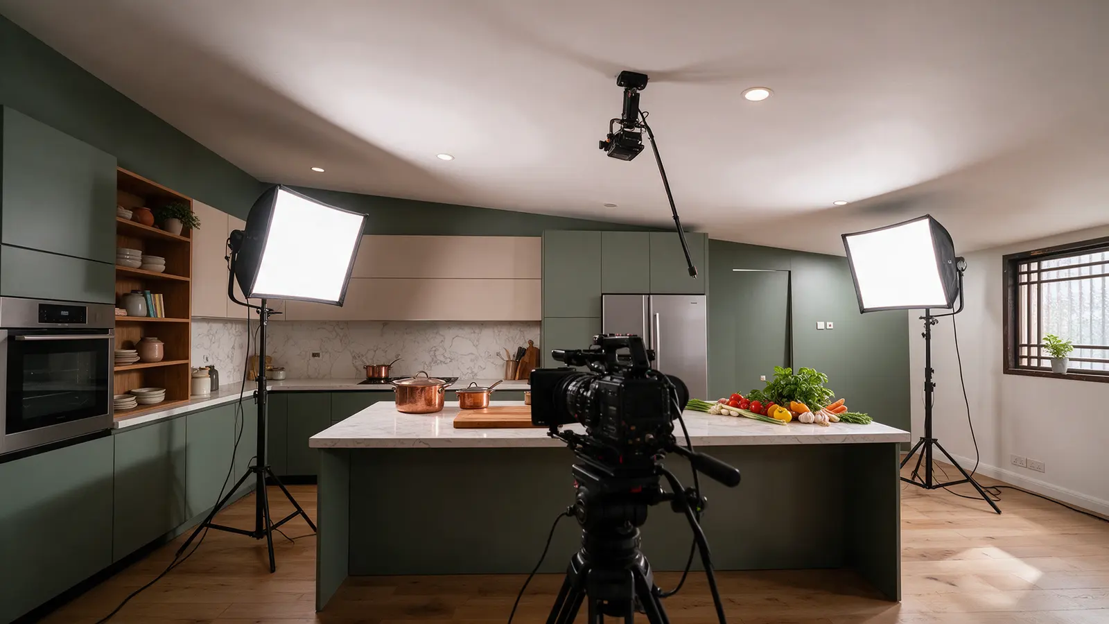 The studio kitchen finished and lit for a cooking show: sage green cabinets, a marble island and cameras on set